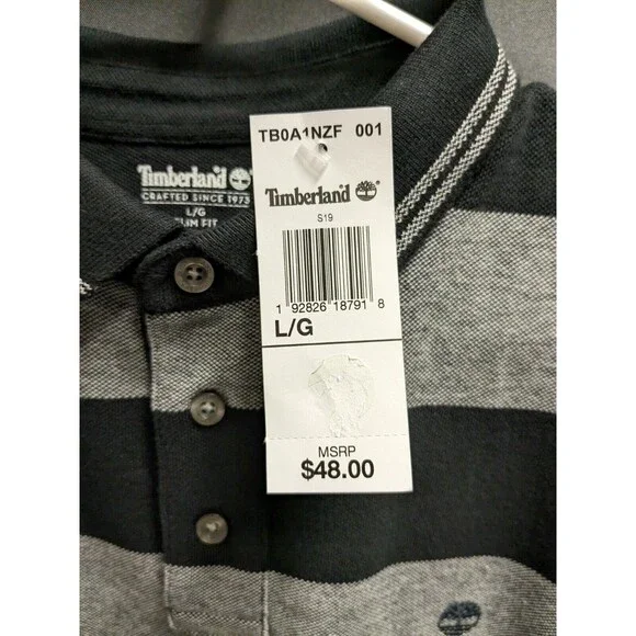 Timberland Black Grey Wide Striped Cotton Polo Shirt Men Size Large Nwt - Picture 4 of 6